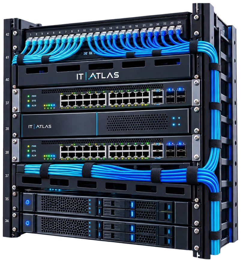 An open rack of IT Atlas branded equipment: a 24 port patch panel with blue jumpers, two access switches, a firewall appliance and two rack servers.
