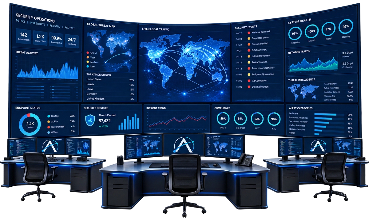 A security operations centre: a curved video wall of threat, endpoint and compliance dashboards above three analyst desks with multi monitor setups.