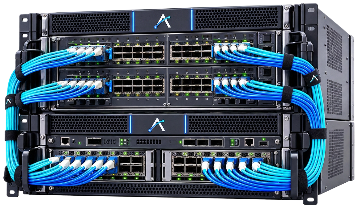 Two IT Atlas core switch chassis with populated fibre line cards and bundles of aqua LC jumpers dressed to both sides.