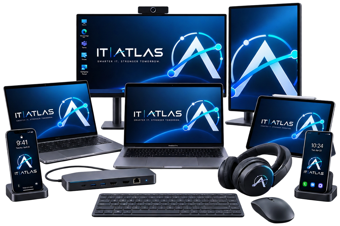 A managed device fleet: desktop monitors, two laptops, a tablet, two phones, a dock, keyboard, mouse and headset, each screen showing the IT Atlas mark.